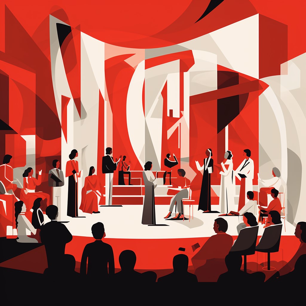 A diverse group of people on-stage performing a public health skit for an audience, proto-cubism style in the color of red and white hues